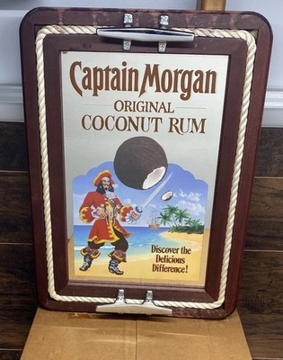 Vintage Captain Morgan Coconut Rum Bar Mirror Nautical Cleat Wood Pub Sign READ