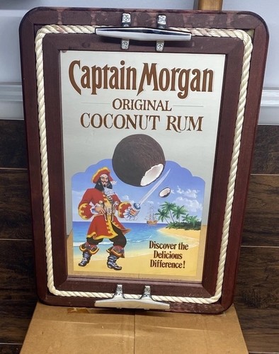 Vintage Captain Morgan Coconut Rum Bar Mirror Nautical Cleat Wood Pub Sign READ