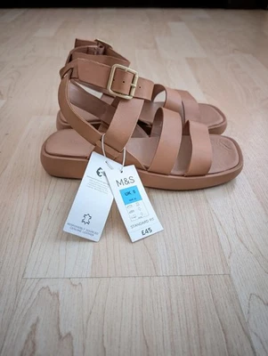 M&S Tan Leather Flatform Sandals, Gladiator Sandals, Size 5, New - Image 1 of 4