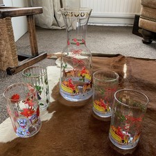 Anthropologie Christmas Nathalie Lete Santa’s Sleigh Carafe Jug & X4  Glasses