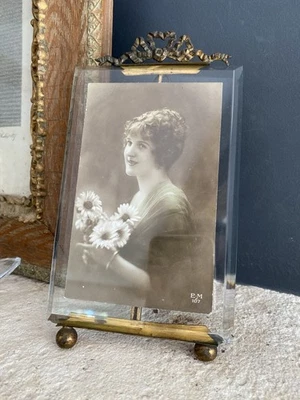 Cadre Ancien Porte Photo Laiton 19ème Verre Biseauté Napoleon III Carte Postale - Photo 1/4