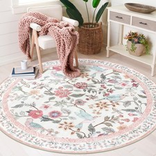 Pink Floral Round Rugs 4ft, Washable Boho Circle Rug for Girls Bedroom, Soft