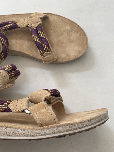 Teva Sandals Women Sz 9 Wedge Flats Cross Strap Color Block Suede Brown Purple - Picture 6 of 11