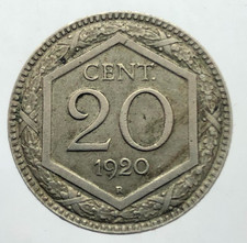 Regno d'Italia Vittorio Emanuele III 20 centesimi Esagono 1920 RARO SPL+ PERIZIA