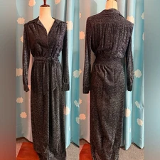 70s black and metallic silver tie waist gown dress- S