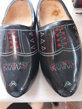 Vintage Dutch Hand Carved Wooden Clogs Shoes Black Hand Painted Folk Art Size 24