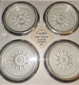 Vintage Italian LEONARD Crystal Glass Silver Plated Ashtray/Coaster SET of 4