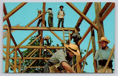 Pennsylvania Dutch Neighbors Raise Barn Postcard