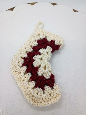 Handmade Crochet Granny Square Small Christmas Stocking 7'' Burgundy & Cream