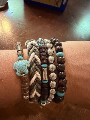 Set of 5 Boho Bracelet Stack Wood Bead Turquoise Sea Turtle Rope Braid Silver