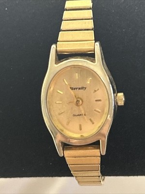 Vintage Eternity Watch Gold Tone Quartz Oval Dial Women s VTG Stretch Band
