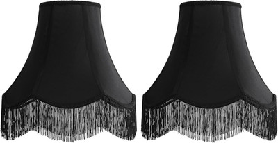 Elegant Black Silk Bell Lamp Shades Set of 2 with Blue Fringe, Victorian Style