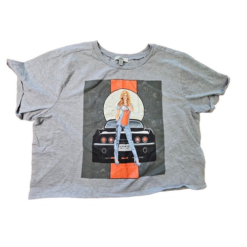 Jordache Womens Cropped T-Shirt 2XL Gray XXL Racing Cassie Retro 90s N6a