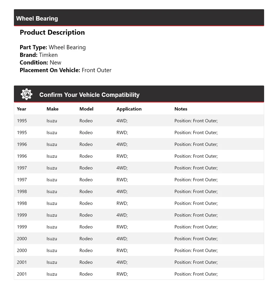 Передний внешний подшипник колеса для Isuzu Rodeo 1995-2001 годов выпуска Timken 1996 1997 1998 1999 годов выпуска - Изображение 2 из 4