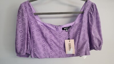 Missguided Damen Broderie Crop Top T-Shirt Lila Oversized Puffärmel