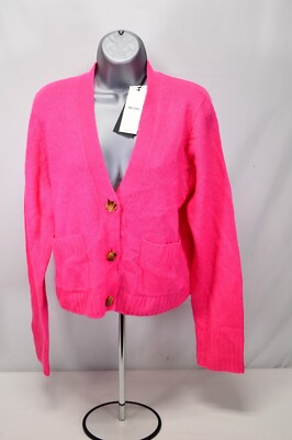 NWT ME+EM Lofty Merino Cashmere Silk Relaxed Cardigan Bright Camellia Pink Large