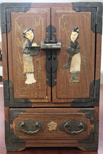 Chinese Antique Shibayama Inlay Wood Jewelry Box Drawers Chest Lacquer Rose OLD