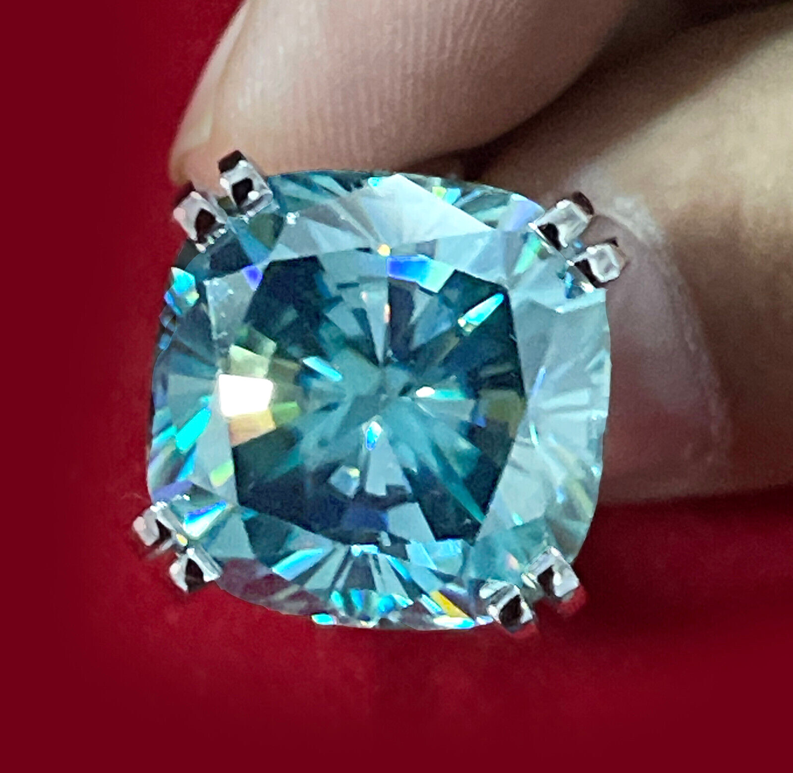 15.12 CT Huge Cushion Brown Blue Moissanite Diamond Solitaire Silver Ring-7.5 US