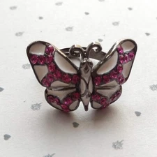Pink Crystal Butterfly Cocktail Adjustable Ring White Enamel Burnished Metal