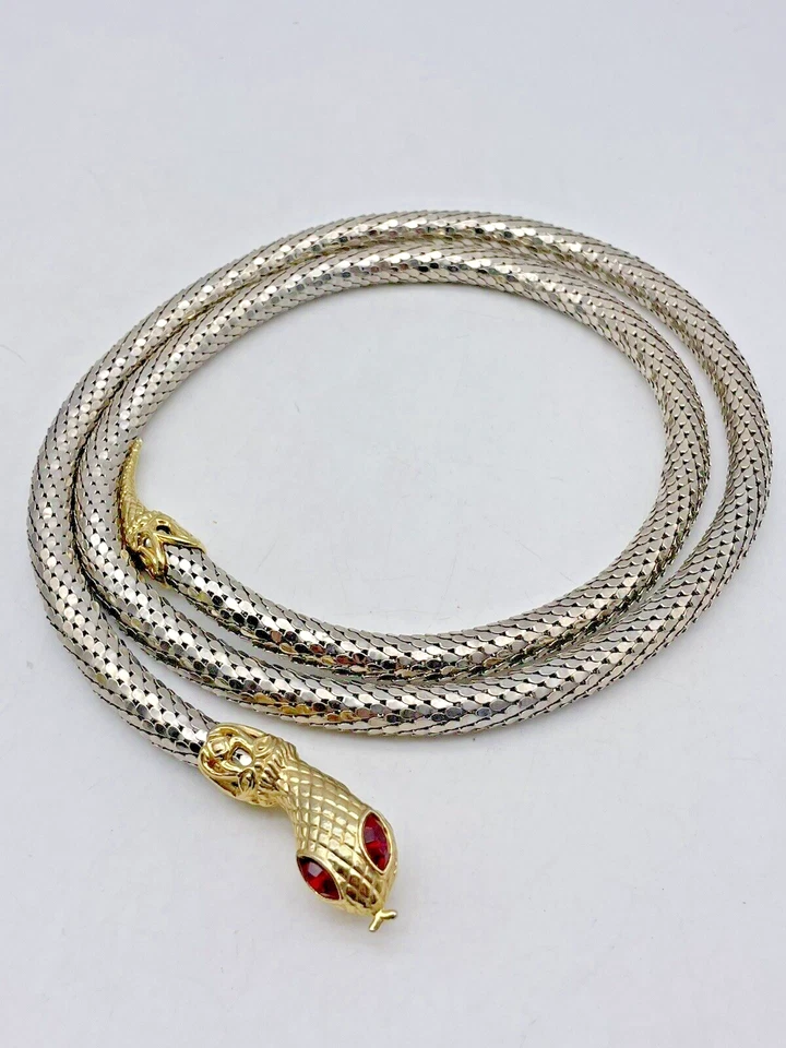"Collar cinturón serpiente malla DL Auld ojos piedras rojas 42"" largo tono plata tono dorado" Foto 2 de 4