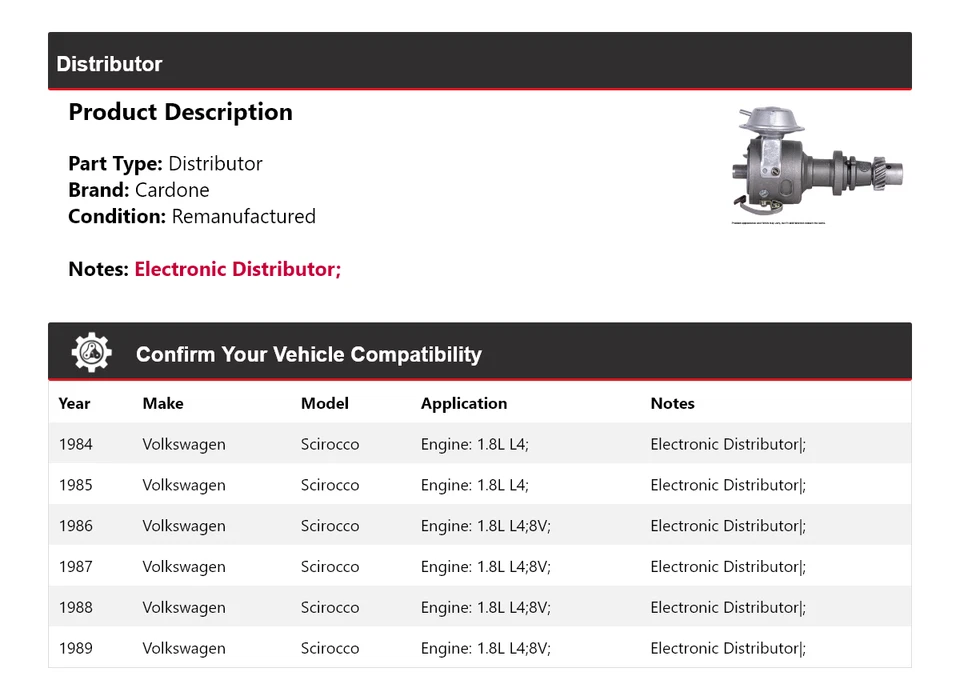 Para Volkswagen Scirocco 1984-1989 1.8L L4 Distribuidor Cardone 1985 1986 1987 Foto 2 de 4