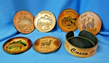 Tooled Leather Peru Coasters Souvenir Set of 6 Holder Hand Crafted Llama 