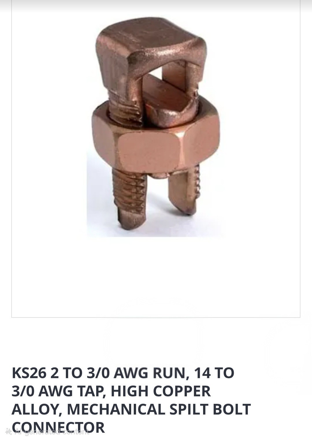 Burndy KS26 Copper Split Bolt Connector Run/Tap: 2 AWG to 2/0 AWG
