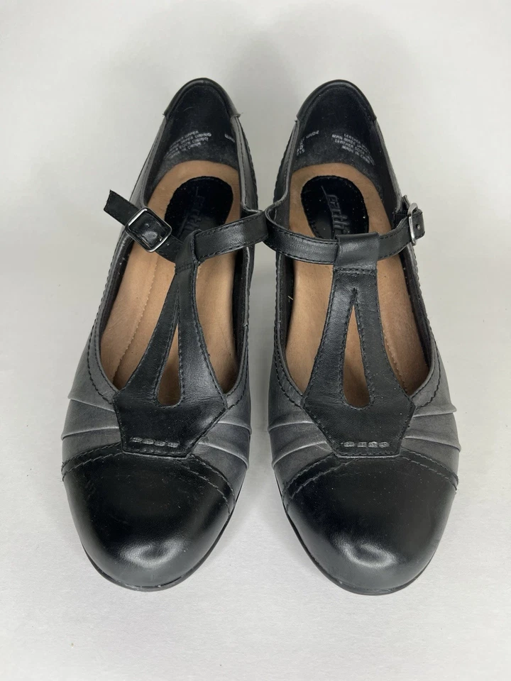 Earth Wanderlust T Strap Pumps Heel Women's Sz 7.5D Black Gray Adjustable Buckle - Image 3 of 4