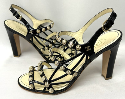 CHANEL Black Strappy Open Heels 10 / 40 Gold Flowers Embellished