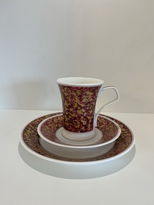 Dunoon Mantua Fine Bone China Trio Set, Burgund & 22k Gold. Cherry Denman. NEU