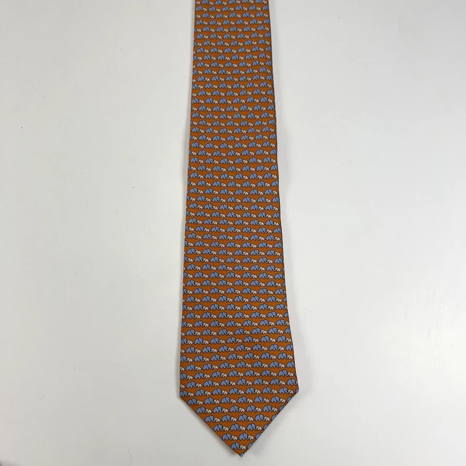 Corbata para hombre THOMAS PINK seda naranja azul elefantes hecha en Italia 3,25"X58" Foto 2 de 4