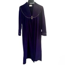 Vintage Fleece Purple Long Robe Housecoat Embroidered Gold Full Zip Medium Petit