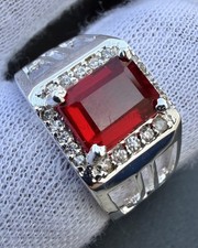 January Birthstone Red Garnet Gemstone Engraved 925 Sterling Silver Men's Ring