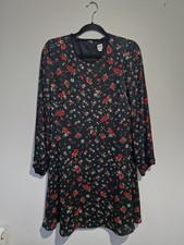 Gap UK10 Black Red Floral Lined Chiffon Dress Long Balloon Sleeve Lace Neck Xmas