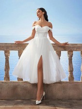 Timeless Sweetheart Off-Shoulder Chiffon A-Line Slit Midi Wedding Dress
