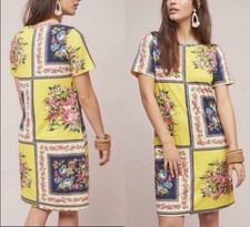 Farm Rio Anthropologie Floral Shift Dress Yellow Patchwork Multi Mini Boho Sz M