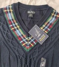 Nautica Cable-Knit Plaid V-Neck Pullover Sweater Mens M Navy Multicolor