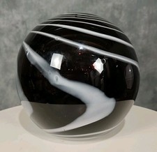 Vintage Black And White Swirled Hand Blown Art Glass Round Vase Bowl 8"