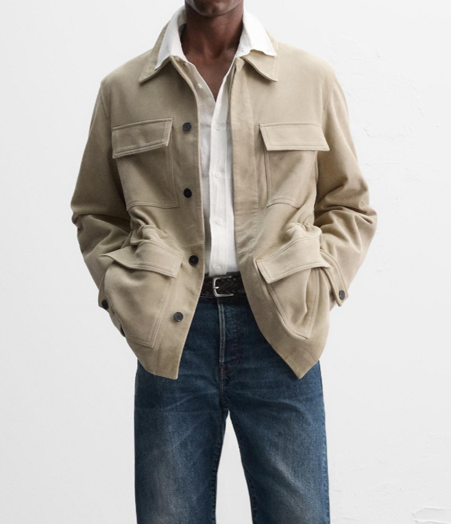 Zara Limited Edition 100% Suede Leather Pocket Parka Beige Size XL