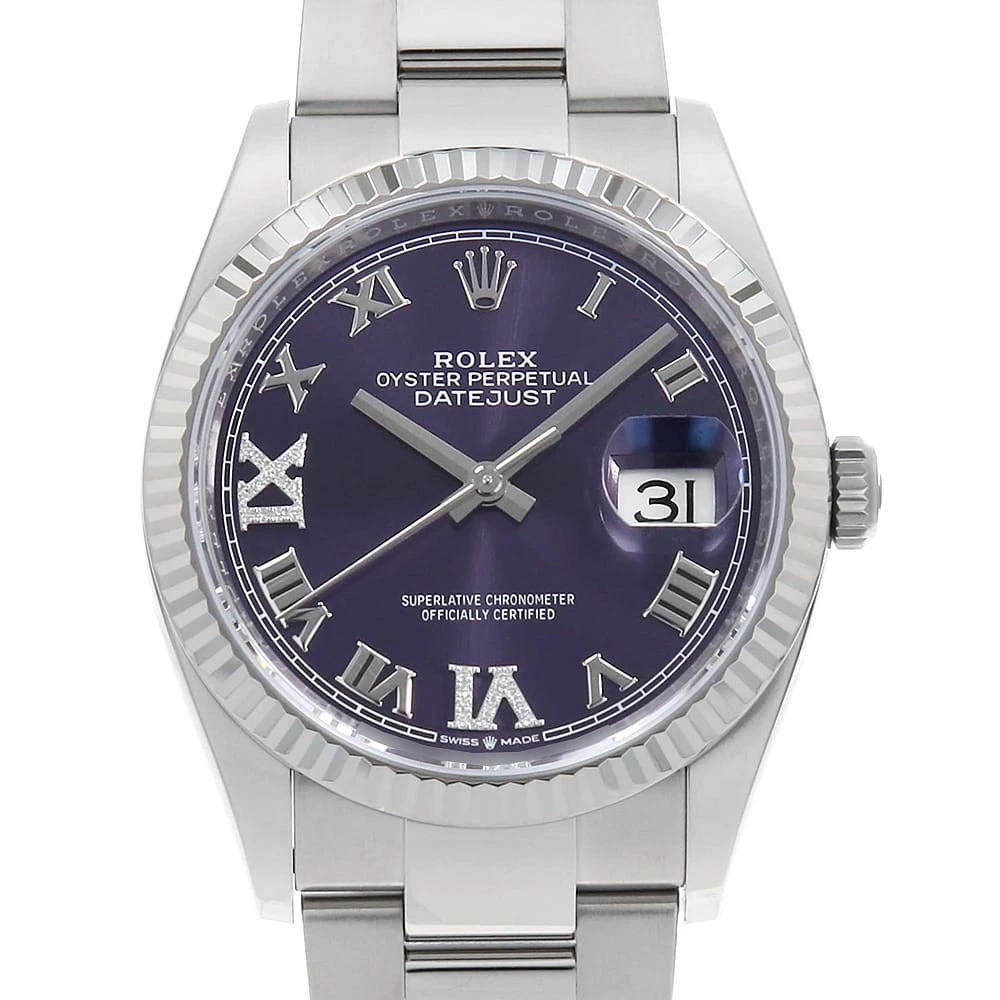 Rolex — ROLEX Datejust 36 VI/IX Diamond 126234 Auberzine Roman 3 row oyster bracelet...