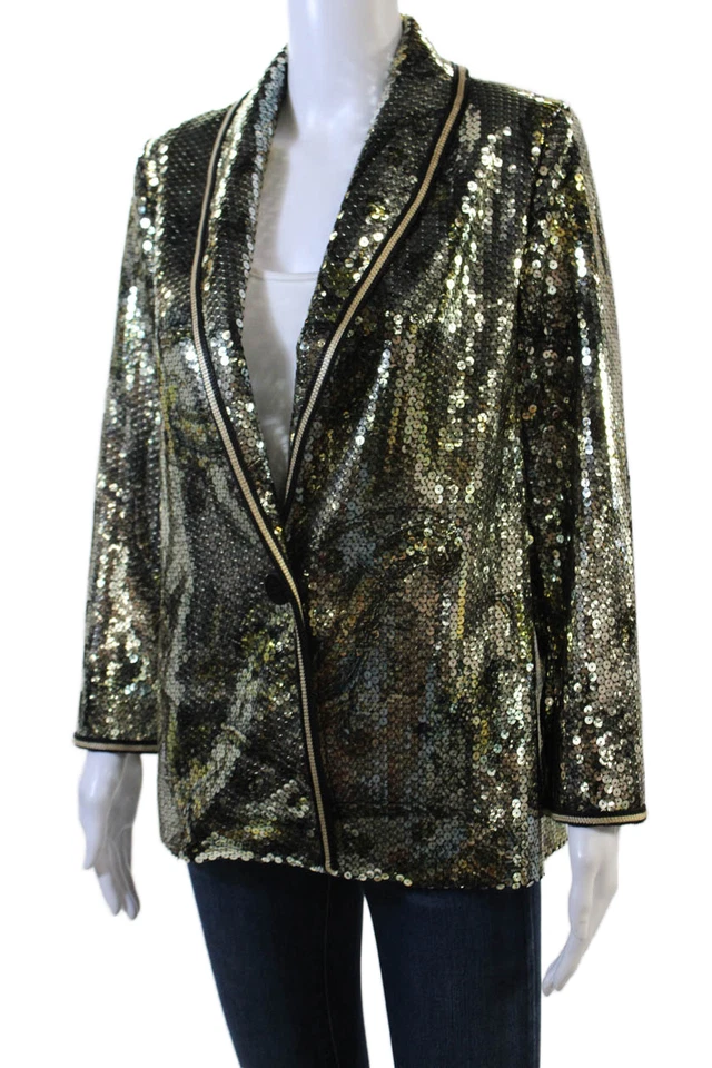 Chaqueta Blazer Etro Mujer Botón Único Floral Paisley Lentejuelas Dorado Talla IT 38 Foto 3 de 4