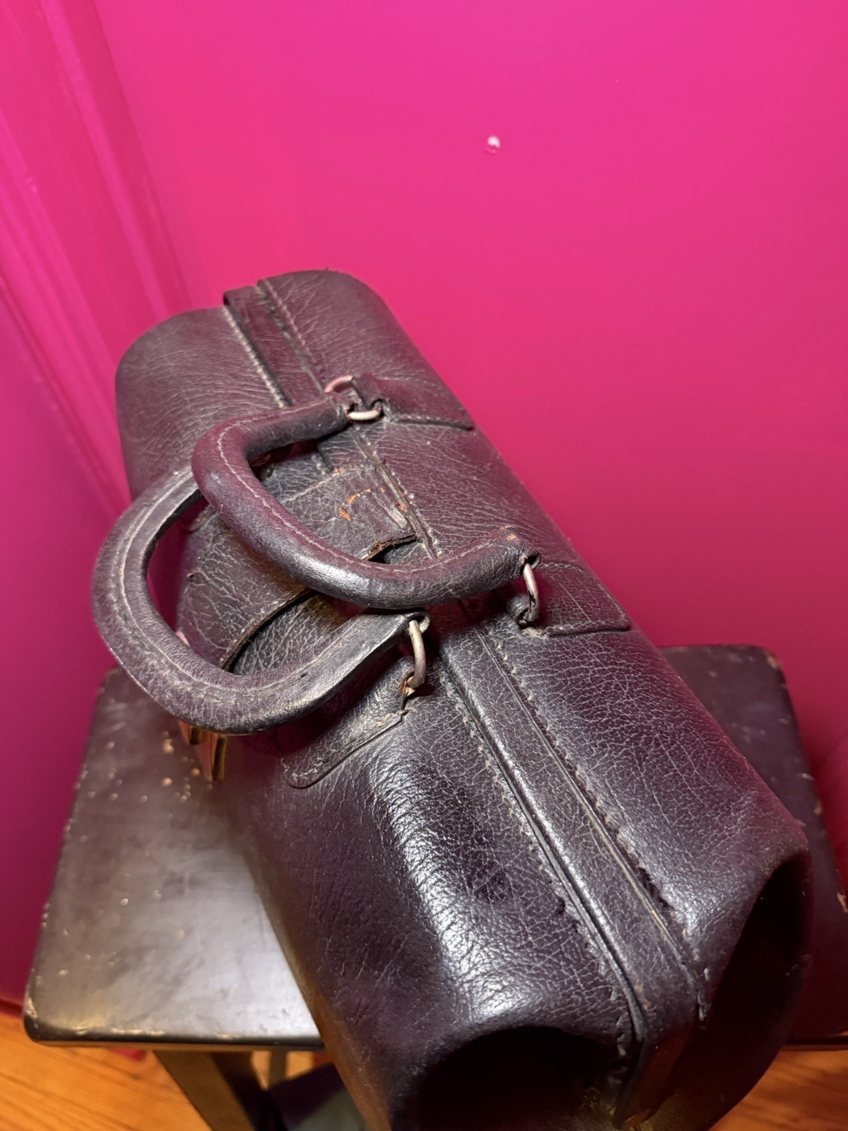 1940-50 Antique Doctor Bag M.D Genuine Black Leather Medical Bag oddities prop