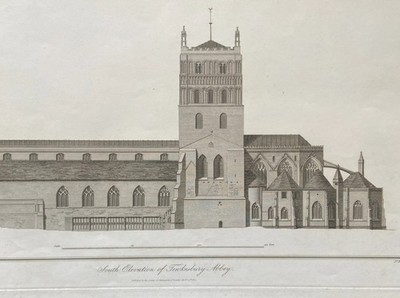 Antike normannische Architekturtechnik Südansicht der Tewkesbury Abbey 