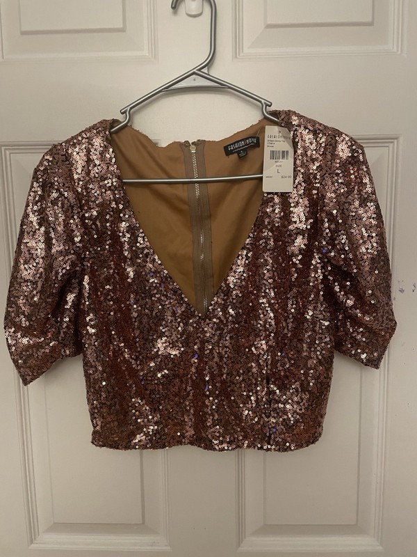 Fashion Nova Rose Gold Sequin Cropped V-Neck Puff Sleeve Zip Blouse L