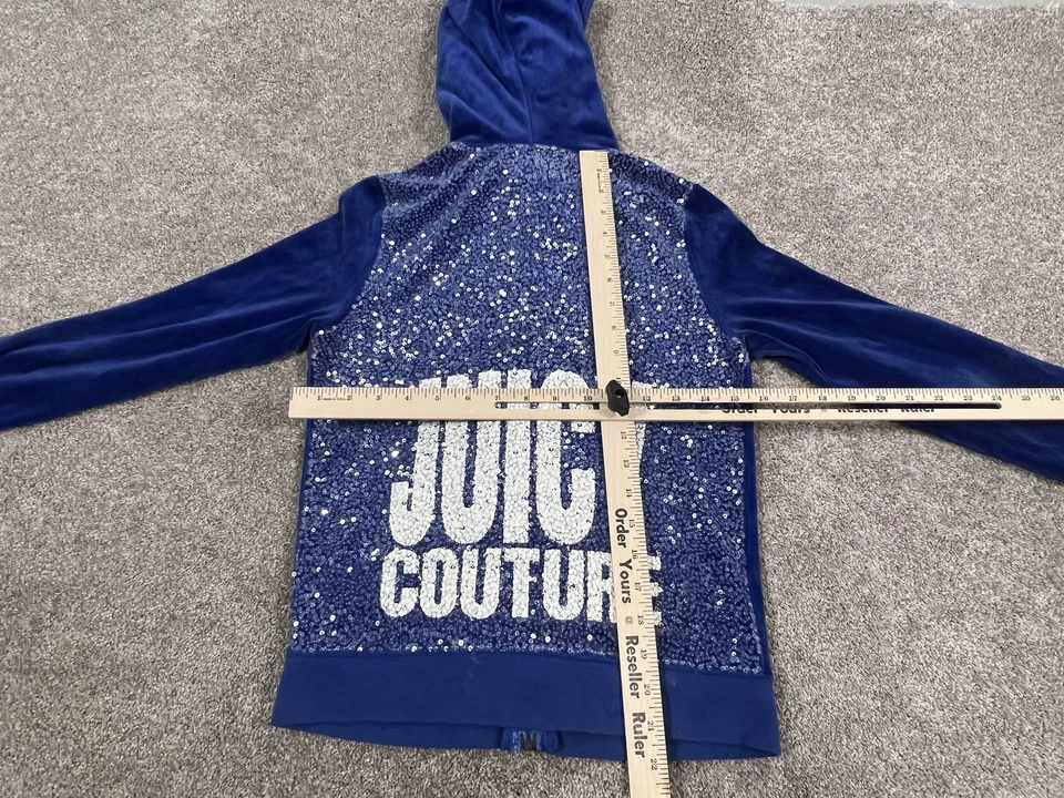 Juicy Couture Hoodie Womens Medium Blue Velour Full Zip Sequin Back Logo Jacket - Image 4 of 4