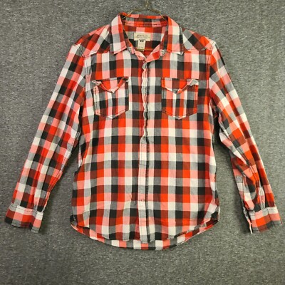 American Rag Men's M Button Up Shirt Red Plaid Snap Button Long Sleeve Pockets