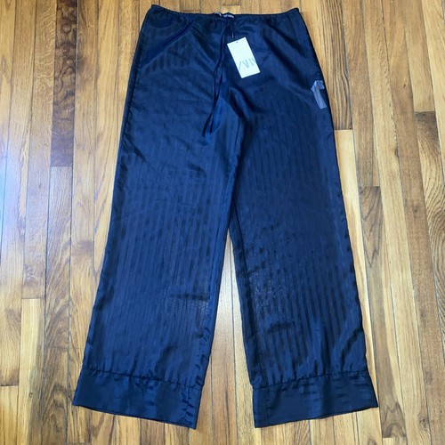 NWT ZARA Black Stripe Organza Thin Sheer See Through Trousers Pants Size L - Picture 2 of 6