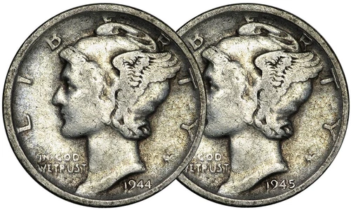 1944 S & 1945 D Mercury Silver Dime F 90% Silver 10c Fine - 2 Coin Set