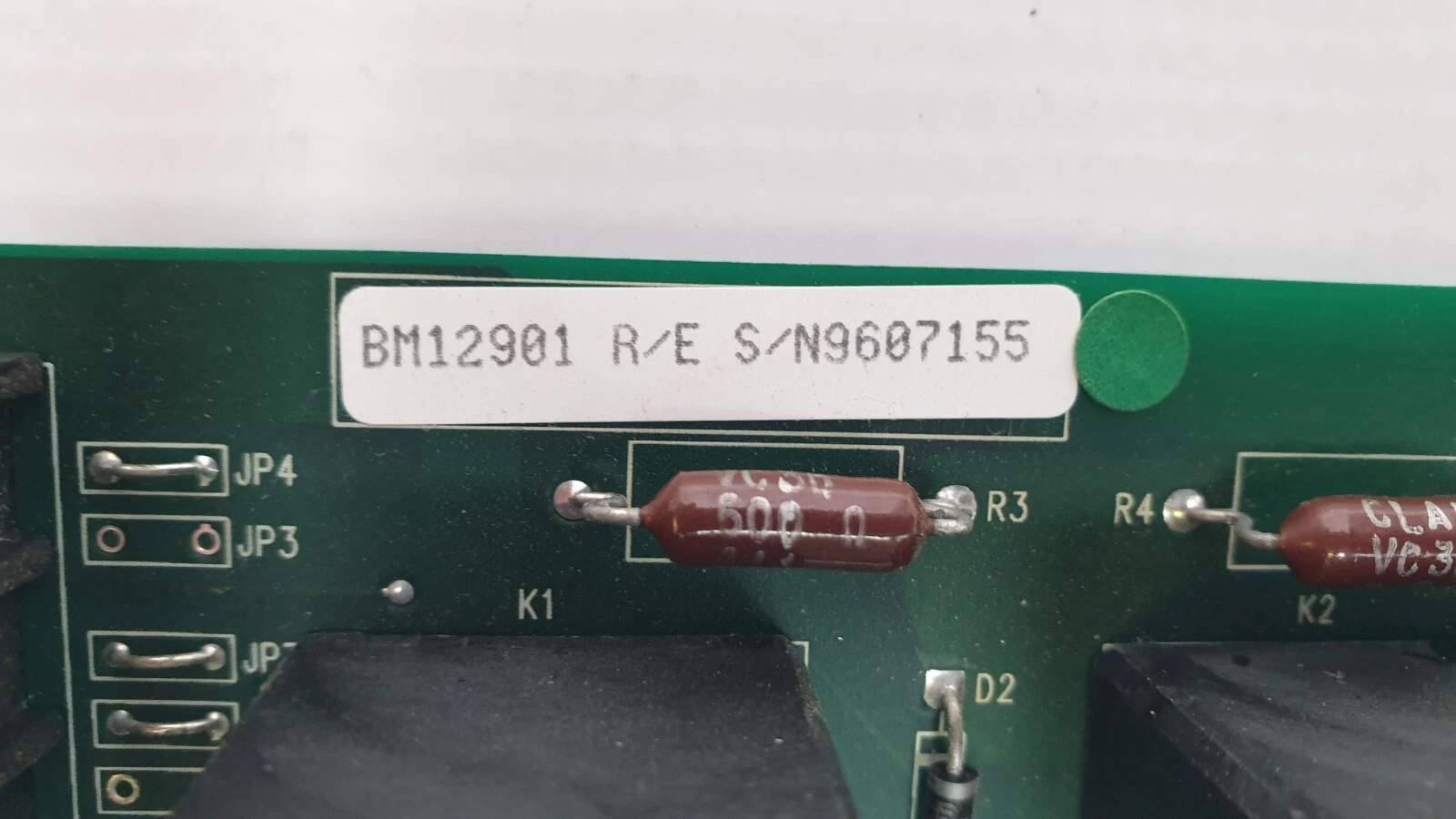 BM12901 R/E label on the Brooks dynamic brake board, with jumpers JP3 and JP4