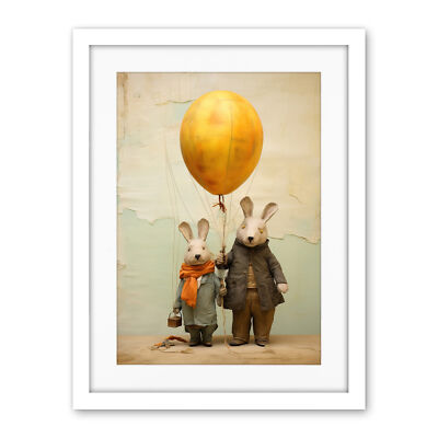 Cute Nursery Artwork Rabbits and Balloon Adventure Painting Framed Print 18X24